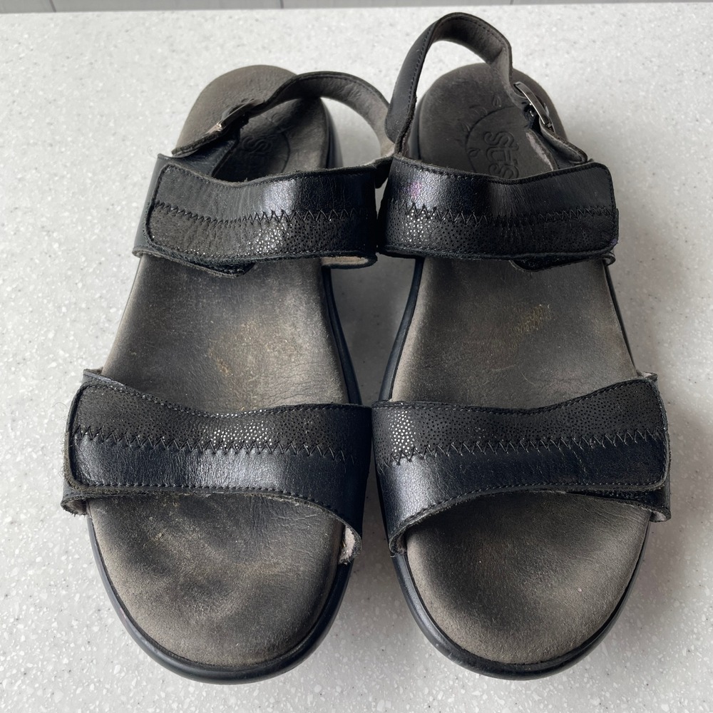 SAS Womens Black Leather Adjustable Comfort Walking Sandals Made in USA Size 9